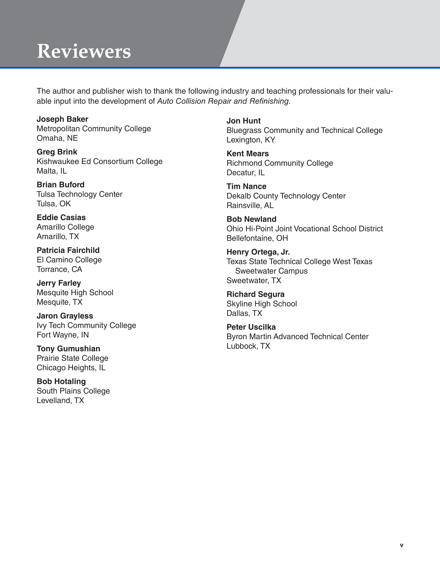 Auto Collision Repair and Refinishing 3e, Online Textbook page v